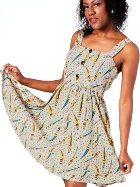 Sourpuss Sword Print Sundress in Light Beige with Teal & Yellow